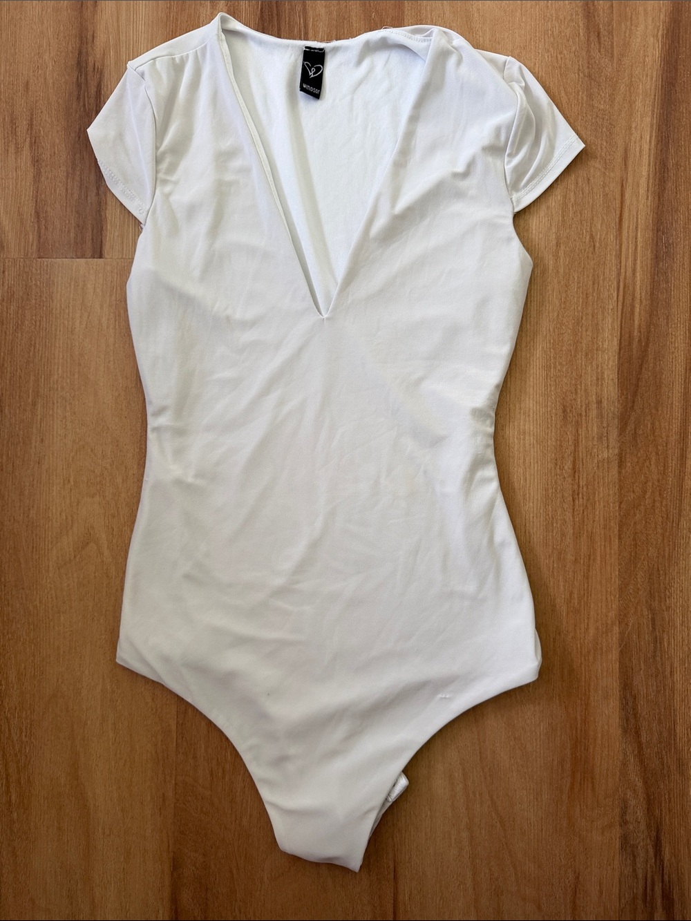 White One-Piece Bodysuit with Deep V - Brand: